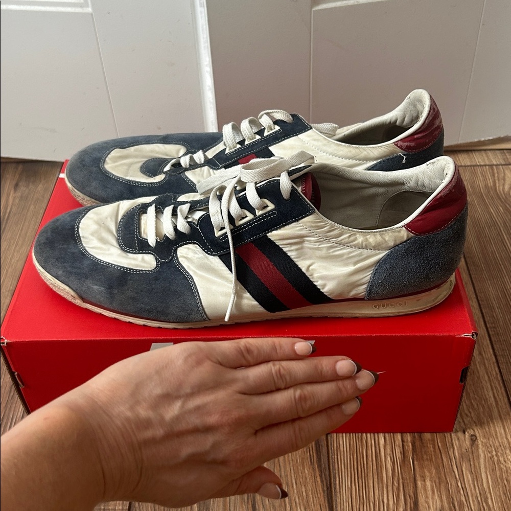 Gucci White Sneakers with Red and Black Stripes